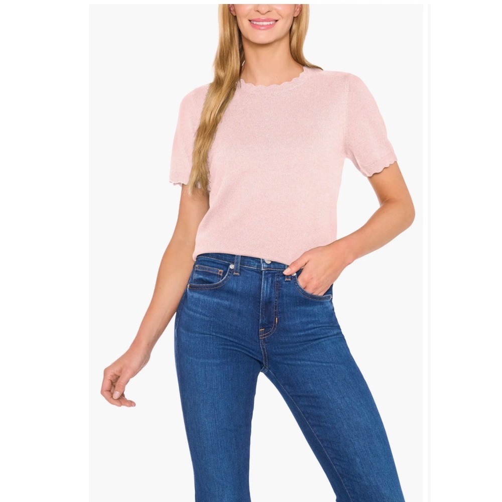 Cece Womens Scallop Trim Short Sleeve Knit Sweater Top Pink Almond Blossom L - Picture 1 of 7